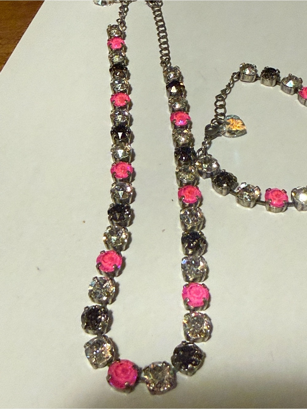 Silver Rhinestone Necklace and Bracelet Set with Pink Accent Stones